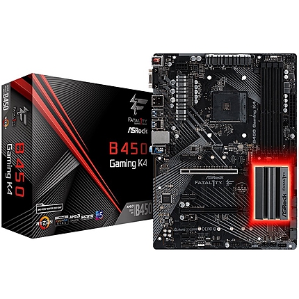 ASROCK Main Board Desktop B450 GAMING K4 (SAM4,4xDDR4,2xPCI 3.0x16,4xPCI Ex1,SATA III,1xM.2,1xUlraM.2,USB3.0,GLAN, VGA,HDMI,DP) mATX Retail