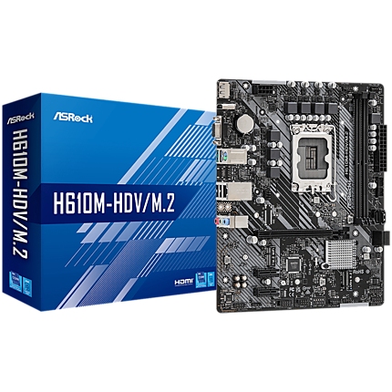 ASROCK Main Board Desktop H610M-HDV/M.2 (S1700, 2x DDR4, 1x PCIe x16, 2x PCIe x1, 4x SATA3 6.0Gb/s, 1x m.2 PCIe, 4x USB 3.2, 5x USB 2.0, 1x Com port header, 1x VGA, 1x HDMI, 1x DP 1.4, 1x GLAN, mATX) Retail