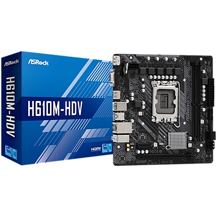 ASROCK Main Board Desktop H610M-HDV (S1700, 2x DDR4, 1x PCIe x16, 1x PCIe x1, 4x SATA3 6.0Gb/s, 4x USB 3.2, 6x USB 2.0, 1x VGA, 1x HDMI, 1x DP 1.4, 1x GLAN, mATX) Retail