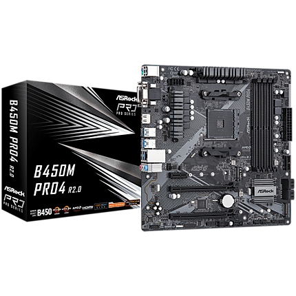 ASROCK Main Board Desktop B450M PRO4 (AM4, 4xDDR4, 1x PCIe 3.0 x16, 1x PCIe 2.0 x16, 1x PCIe 2.0 x1, 4x SATA III, RAID 0,1,10, 1x Ultra M.2 PCIe Gen3 x4, 1x M.2 SATA3, 1x COM Port header, 8x USB 3.0, GLAN, VGA, HDMI, DVI) mATX, Retail