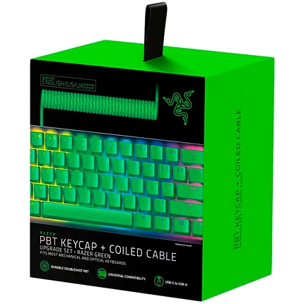 Razer PBT Keycap + Coiled Cable Upgrade Set - Razer Green, Durable Doubleshot PBT, Keycap Count: 120, Standard bottom row US and UK layout supported, Braided Fiber Cable, USB-C to USB-A, Total Cable Length: 2,000 mm uncoiled (1,150 mm coiled)