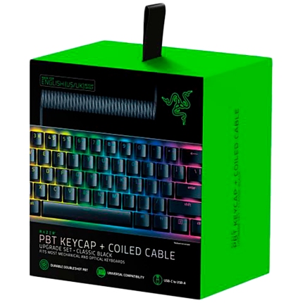 Razer PBT Keycap + Coiled Cable Upgrade Set - Classic Black, Durable Doubleshot PBT, Keycap Count: 120, Standard bottom row US and UK layout supported, Braided Fiber Cable, USB-C to USB-A, Total Cable Length: 2,000 mm uncoiled (1,150 mm coiled)