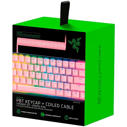 Razer PBT Keycap + Coiled Cable Upgrade Set - Quartz, Durable Doubleshot PBT, Keycap Count: 120, Standard bottom row US and UK layout supported, Braided Fiber Cable, USB-C to USB-A, Total Cable Length: 2,000 mm uncoiled (1,150 mm coiled)