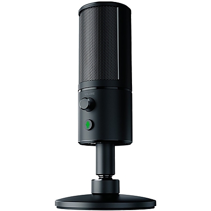 Razer Seiren X, Condenser microphone made for streaming, Supercardioid pick-up pattern to reduce background noise, Built-in shock mount to dampen vibrations, Mute button, Zero-latency 3.5 mm headphone monitoring port