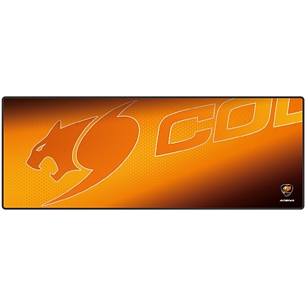 COUGAR ARENA Orange Gaming Mouse Pad, Width (mm/inch) 800/31.49, Length(mm/inch) 300/11.81,Thickness (mm/inch) 5/0.19,Surface Material - Cloth, Base Material - Natural Rubber, Base Color - Black, Surface Color - COUGAR Orange