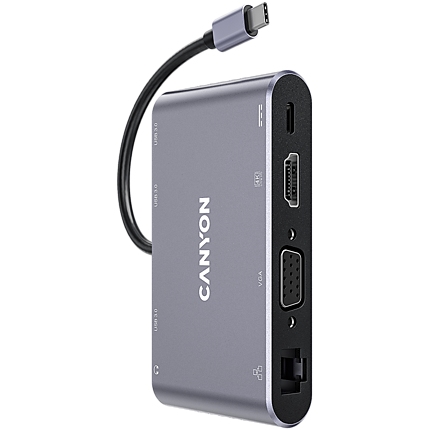 Canyon 8 in 1 USB C hub, with 1*HDMI: 4K*30Hz, 1*VGA, 1*Type-C PD charging port, Max 100W PD input. 3*USB3.0,transfer speed up to 5Gbps. 1*Glgabit Ethernet, 1*3.5mm audio jack, cable 15cm, Aluminum alloy housing,95*55*17.6 mm, 107g, Dark grey