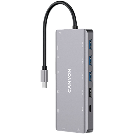 Canyon 13 in 1 USB C hub, with 2*HDMI, 3*USB3.0: support max. 5Gbps, 1*USB2.0: support max. 480Mbps, 1*PD: support max 100W PD, 1*VGA,1* Type C data, 1*Glgabit Ethernet, 1*3.5mm audio jack, cable 15cm, Aluminum alloy housing,130*57.5*15 mm,DarK gray