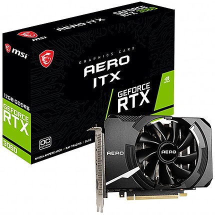 MSI Video Card Nvidia GeForce RTX 3060 AERO ITX 12G OC, 12GB GDDR6, 192-bit, 360 GB/s, 15 Gbps, 1792 MHz Boost, 3584 CUDA Cores, PCIe 4.0, 3x DisplayPort 1.4a, HDMI 2.1, RAY TRACING, Single-Fan, 550W Recommended PSU, Backplate, 3Y