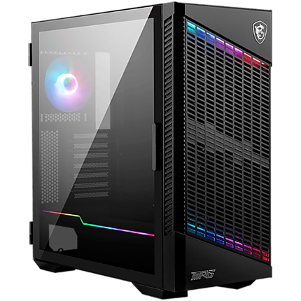 MSI MPG VELOX 100P AIRFLOW, Mid-Tower, ATX/Micro-ATX/Mini-ITX, 2x USB 3.2 Gen 1 Type-A, 1x USB 3.2 Gen 2x2 Type-C, 1x Audio/1x Mic, 4x 120mm Fans (1x ARGB), ARGB Hub, Mesh Front Panel, Vertical GPU Bracket (No Riser Cable Included), Tempered Glass