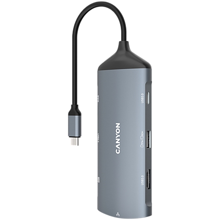 Canyon 8 in 1 hub, with 1*HDMI ,1*Gigabit Ethernet,1*USB C female:PD3.0 support max60W,1*USB C male :PD3.0 support max100W,2*USB3.1:support max 5Gbps ,1*USB2.0:support max 480Mbps, 1*SD, cable 15cm, Aluminum alloy housing,133.24*48.7*15.3mm,Dark grey