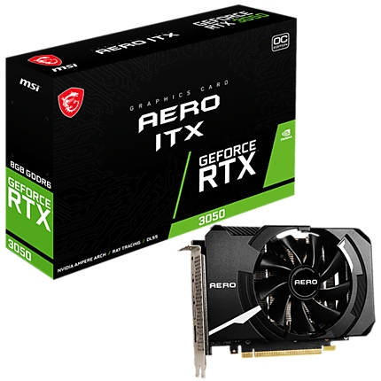 MSI GeForce RTX 3050 AERO ITX 8G OC, 8GB GDDR6, 128bit, Effective Memory Clock: 14000MHz, Boost: 1807MHz, 2560 CUDA Cores, PCI-E 4.0 x8, 3x DP, HDMI 2.1, RAY TRACING, 550W Recommended PSU, Backplate, 3Y