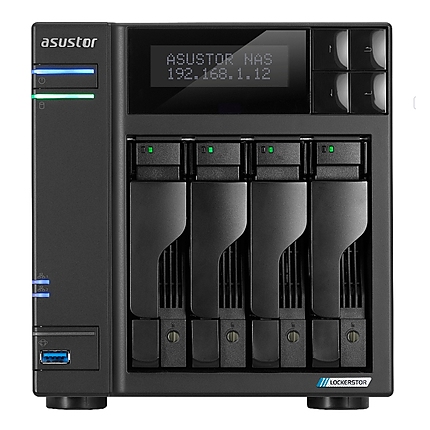 Asustor Lockerstor AS6704T, 4 Bay NAS, Intel Jasper Lake Quad-Core 2.0GHz, 4GB RAM DDR4, 2.5GbE x 2, M.2 SSD Slotsx4 (Diskless), USB 3.2 Gen 2x2, Toolless installation, with hot-swappable tray, hardware encryption, MyArchive, EZ connect, EZ Sync, Black