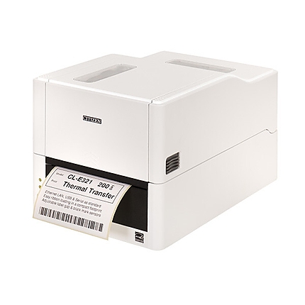 Citizen Label Desktop printer CL-E321 Thermal Transfer+Direct Print Speed 200mm/s, Print Width(max.)4"(104mm)/Media Width(min-max) 1"- 5"(25.4-118.1 mm)/Roll Size(max)5"(125 mm), Core Size 1"(25mm),Resol.203dpi/Interface USB/RS-232/LAN EN Plug(EU) White