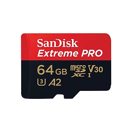 Карта памет SANDISK Extreme PRO microSDXC, 64GB, Class 10 U3, A2, V30, 90 MB/s с адаптер до SD