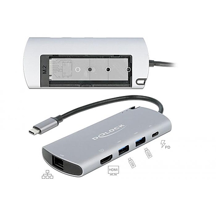 Докинг станция Delock USB-C с M.2 слот за SSD - HDMI 4K30Hz, Gigabit LAN, 2xUSB-A, USB-C, Сив