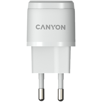 Canyon, PD 20W Input: 100V-240V, Output: 1 port charge: USB-C:PD 20W (5V3A/9V2.22A/12V1.66A) , Eu plug, Over- Voltage ,  over-heated, over-current and short circuit protection Compliant with CE RoHs,ERP. Size: 68.5*29.2*29.4mm, 32.5g, White