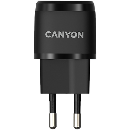 Canyon, PD 20W Input: 100V-240V, Output: 1 port charge: USB-C:PD 20W (5V3A/9V2.22A/12V1.66A) , Eu plug, Over- Voltage ,  over-heated, over-current and short circuit protection Compliant with CE RoHs,ERP. Size: 68.5*29.2*29.4mm, 32.5g, Black