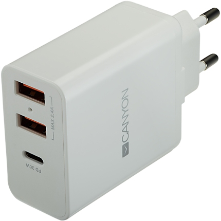 CANYON H-08 Universal 3xUSB AC charger (in wall) with over-voltage protection(1 USB-C with PD Quick Charger), Input 100V-240V, OutputUSB-A/5V-2.4A+USB-C/PD30W, with Smart IC, White Glossy Color+ orange plastic part of USB, 96.8*52.48*28.5mm, 0.092kg