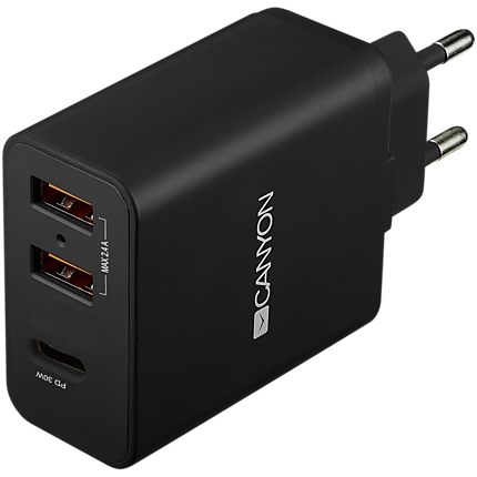 CANYON H-08 Universal 3xUSB AC charger (in wall) with over-voltage protection(1 USB-C with PD Quick Charger), Input 100V-240V, Output USB-A/5V-2.4A+USB-C/PD30W, with Smart IC, Black Glossy Color+orange plastic part of USB, 96.8*52.48*28.5mm, 0.092kg