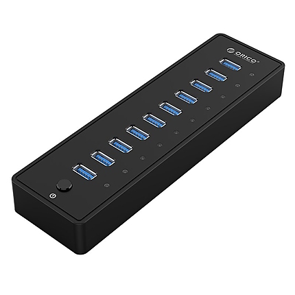 Orico хъб USB3.0 HUB 10 port with Premium Power Adapter, Black - P10-U3-V1-BK