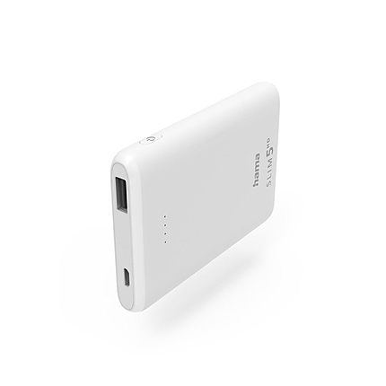 Външна батерия HAMA SLIM 5HD, 5000 mAh, LiPolym, USB-A, Бял