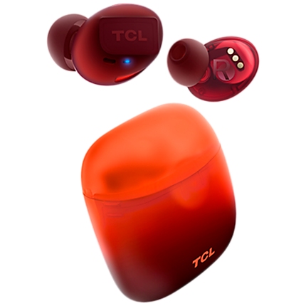 TCL In-Ear True Wireless Bluetooth Headset, Frequency of response 9-22K, Sensitivity 100 dB, Driver Size 5.8mm, Impedence 13 Ohm, Max power input 20mW, Playtime 6.5h/26h, IPX4, Bluetooth 5.0, A2DP, AVRCP, HFP, HS, USB-C, Color Sunset Orange