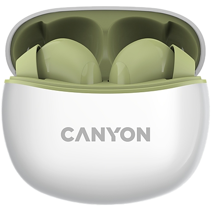 Canyon TWS-5 Bluetooth headset, with microphone, BT V5.3 JL 6983D4, Frequence Response:20Hz-20kHz, battery EarBud 40mAh*2+Charging Case 500mAh, type-C cable length 0.24m, Size: 58.5*52.91*25.5mm, 0.036kg, Green