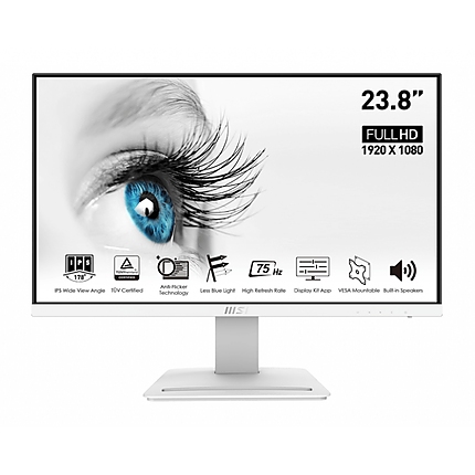 MSI PRO MP243W, 23.8", 1920x1080 (FHD), 75Hz, 7ms, IPS, 250 nits, Flat, HDMI and DisplayPort, Anti-Flicker and Less Blue Light, Display Kit, Standard VESA, 24M, WHITE