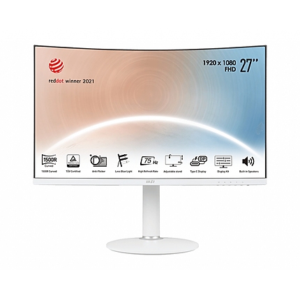 MSI Modern MD271CPW, 27", 1920x1080 (FHD), 75Hz, 4ms, VA, 250 nits, 1500R, USB-C & HDMI, AdaptiveSync, CURVED , Type-C, Height Adjustable Stand, White