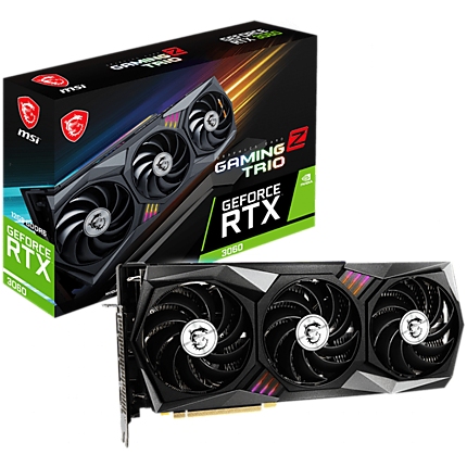 MSI Video Card Nvidia GeForce RTX 3060 GAMING Z TRIO 12G, 12GB GDDR6, 192-bit, 360 GB/s, 15 Gbps, 1867 MHz Boost, 3584 CUDA Cores, PCIe 4.0, 3x DisplayPort 1.4a, HDMI 2.1, RAY TRACING, Triple-Fan, 550W Recommended PSU, Aluminum Backplate, 3Y