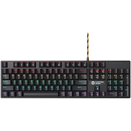 Wired black Mechanical keyboard With colorful lighting system104PCS rainbow backlight LED,also can custmized backlight,1.8M braided cable length,rubber feet,English layout double injection,Numbers 104 keys,keycaps,0.7kg, Size 429*124*35mm