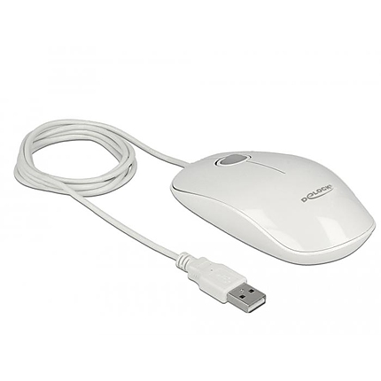 Оптична мишка DeLock 12537, USB-A, LED, Кабел 1.3 м, USB, 1200 dpi, 3 бутона, Бял