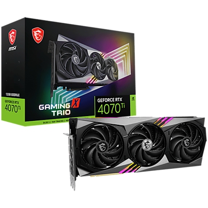 MSI Video Card Nvidia GeForce RTX 4070 Ti GAMING X TRIO 12G, 12GB GDDR6X, 192bit, Effective Memory Clock: 21000MHz, Boost: 2745 MHz, 7680 CUDA Cores, PCIe 4.0, 3x DP 1.4a, HDMI 2.1a, RAY TRACING, Triple Fan, 700W Recommended PSU, 3Y