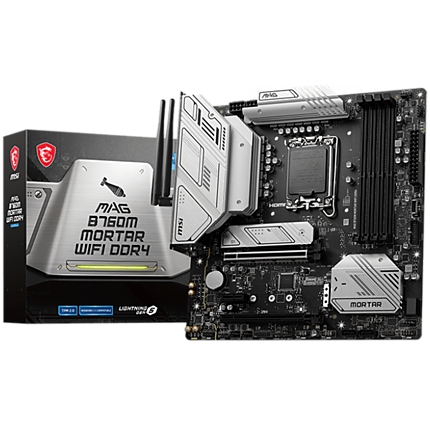 MSI MAG B760M MORTAR WIFI DDR4, mATX, Socket 1700, Dual Channel DDR4 5333(OC)MHz, 2x PCIe x16 slots, 2x M.2 slots, 1x HDMI, 1x DP, 1x USB 3.2 Gen 2x2 Type-C, 3x USB 3.2 Gen 2, 4x USB 2.0, 7.1 HD Audio, 2.5Gbps LAN, WI-FI 6E, BT, 3Y