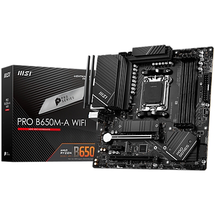 MSI Main Board Desktop PRO B650M-A WIFI (AM5, 4x DDR5, HDMI, DP, 2x PCI-E x16, 2x PCI-E x16, 2x M.2, 4x SATA 6G, 4x USB 2.0, 6x USB 3.2 Gen1 Type A, 4x USB 3.2 Gen2 Type A, 1x USB 3.2 Gen2 Type C, 2.5GLAN, Wi-Fi 6E, BT5.2) mATX