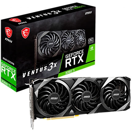 MSI Video Card Nvidia GeForce RTX 3060 Ti VENTUS 3X 8G OC LHR, 8GB GDDR6, 256-bit, 448.0 GB/s, 14000 MHz Effective Memory Clock, Boost: 1695 MHz,  4864 CUDA Cores, PCIe 4.0, 3x DP 1.4 , HDMI 2.1, RAY TRACING, 650W Recommended PSU, LHR, 3Y