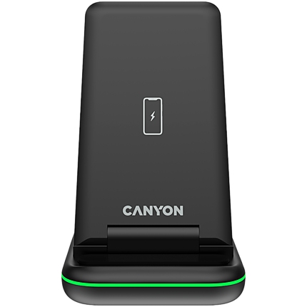 CANYON  WS- 304 Foldable  3in1 Wireless charger, with touch button for Running water light, Input 9V/2A,  12V/1.5AOutput 15W/10W/7.5W/5W, Type c to USB-A cable length 1.2m, with QC18W EU plug,132.51*75*28.58mm, 0.168Kg, Black