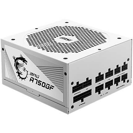 MSI MPG A750GF White Power Supply 750W, 80 PLUS Gold, Japanese capacitors, Fully Modular, Flat Black Cables, 100~240VAC, 47-63HZ, 140mm fan, 160x150x86 mm, ATX, 2xEPS, 6xPCI-E, 8XSATA, 4xMOLEX, FDD, EU plug