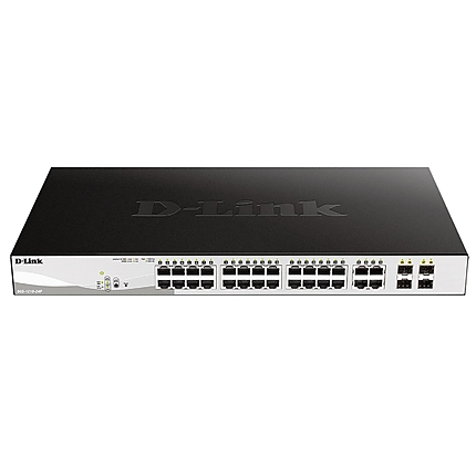 Суич D-Link DGS-1210-24P/E, 24 PoE 10/100/1000 Base-T port with 4 x 1000Base-T /SFP ports, Управляем, Монтаж в шкаф