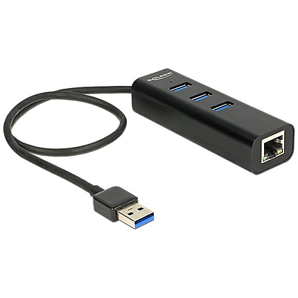 USB хъб Delock, 3 x USB 3.0 + 1 порт Gigabit LAN, Черен