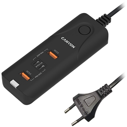 CANYON H-10, Wall charger. CNE-CHA10B Input: 100-240V~50/60Hz 1.0A Max Output1/Output2: DC USB-A QC3.0 5.0V/3.0A,9.0V/2.0A,12.0V/1.5A 18.0W(Max)USB-C PD 5.0V/3.0A,9.0V/2.22A,12.0V/1.67A 20.0W(Max)USB-A+C 5.0V/3.0A 15.0W(Max)Total Power: 40.0W