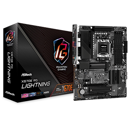 ASROCK MB Desktop X670E PG Lightning, AM5, 4x DDR5, 1x PCIe 5.0 x16, 2x PCIe 4.0 x16, 1x PCIe 4.0 x1, 4x SATA3, 1x Hyper M.2 (PCIe Gen4x4), 1x Blazing M.2(PCIe Gen5x4), 1x Ultra M.2, 7.1 CH HD Audio, 1x HDMI, 1x DisplayPort, 2.5G LAN,