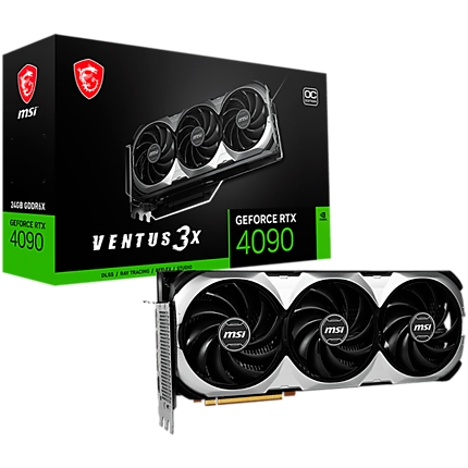 MSI Video Card NVidia GeForce RTX 4090 VENTUS 3X 24G OC, 24GB GDDR6X, 384-bit, 2550 MHz Boost, 16384 CUDA Cores, PCIe 4.0, 3x DP 1.4a, HDMI 2.1a, RAY TRACING, Triple Fan, 850W Recommended PSU, 3Y