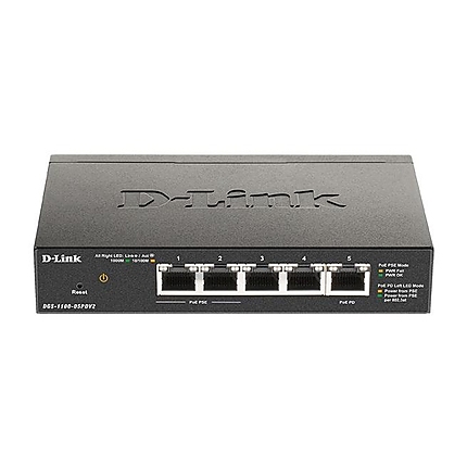 Суич D-Link DGS-1100-05PDV2, 5 портов 10/100/1000 Gigabit Smart Switch,PoE, управляем