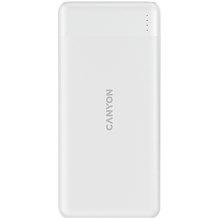 CANYON PB-109 Power bank 10000mAh Li-poly battery, Input Lightning &Type C  : 5V/2A, 9V/2A PD 18W(Max), Output Type C 5V/3A,9V/2.2A,12V/1.5A 20W,  Output USB A:5V3A,9V2A,12V1.5A,18W quick charging cable 0.3m, 144*68*16mm, 0.24kg, White