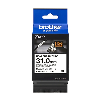 Brother HSe-261E 31mm Black on White Heat Shrink Tape