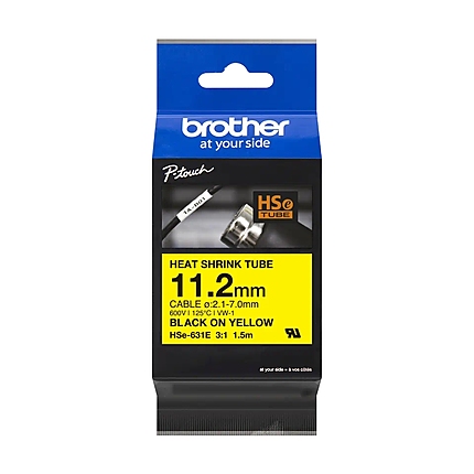 Brother HSe-631E 11.2mm Black on Yellow Heat Shrink Tape