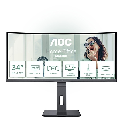 AOC CU34P3CV, 34" VA WLED, Curved 1500R, 3440x1440@100Hz, 4ms GtG, 1ms MPRT, 300cd m/2, DCR 3000:1, 50M:1, AdaptiveSync, FlickerFree, Low Blue Light, 5Wx2, Tilt, Height Adjust, Swivel, HDMI, DP, USB hub