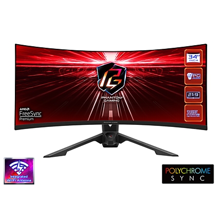 Геймърски Монитор ASRock PG34WQ15R3A, 34" UHD (3440 x 1440) VA 1500 Curved, 165Hz, 1ms, HDMI, DisplayPort AMD FreeSync WiFi