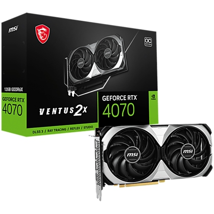 MSI Video Card Nvidia GeForce RTX 4070 VENTUS 2X 12G OC, 12GB GDDR6X, 192bit, Effective Memory Clock: 21000MHz, Boost: 2520 MHz, 5888 CUDA Cores, PCIe 4.0, 3x DP 1.4a, HDMI 2.1a, RAY TRACING, Dual Fan, 1x8pin, 650W Recommended PSU, 3Y